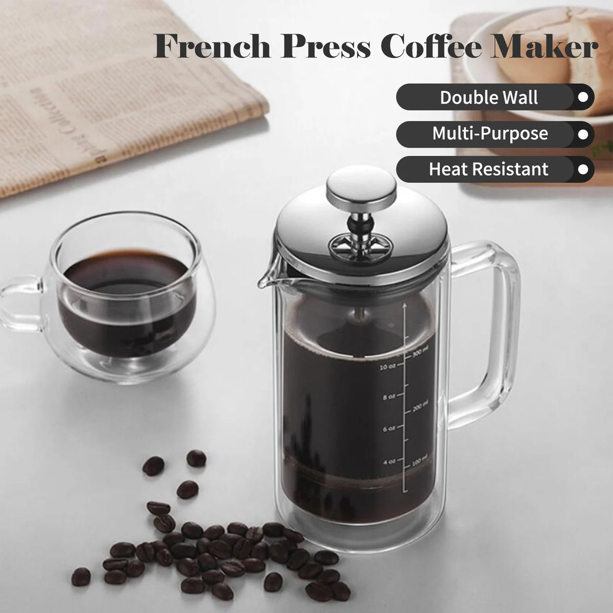 10oz Double Walled French Coffee Maker Borosilicate Glass Coffee Pot with Stainless Steel Filter D8522