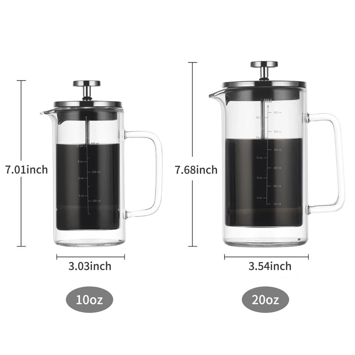 10oz Double Walled French Coffee Maker Borosilicate Glass Coffee Pot with Stainless Steel Filter D8522