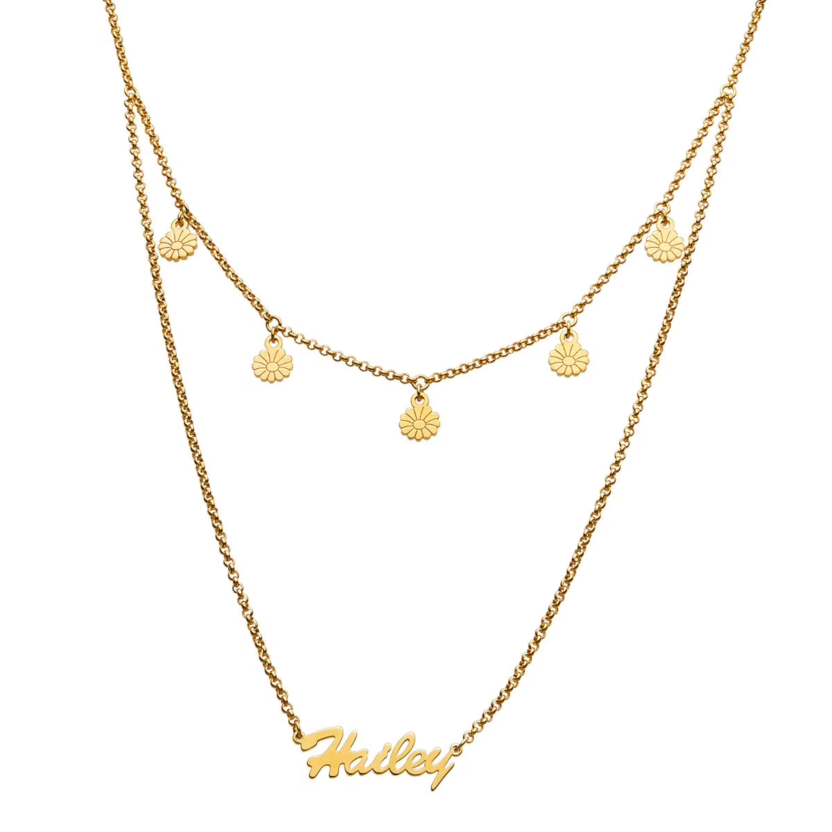 Goldtone Layered Name Necklace with Flower Charms U294719
